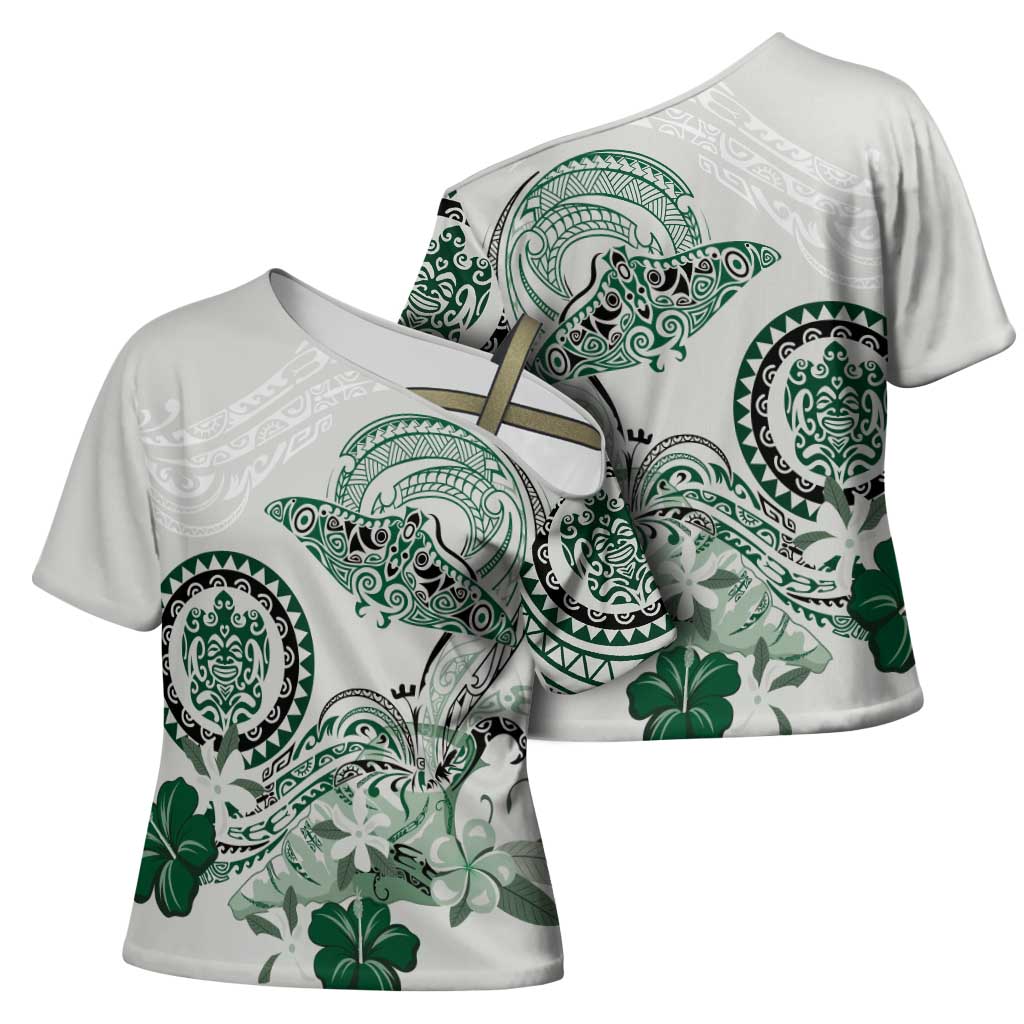 Polynesian Manta Ray Cross Shoulder Shirt Green Floral Turtle Tattoo - Polynesian Pride