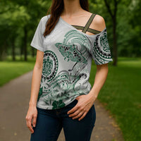 Polynesian Manta Ray Cross Shoulder Shirt Green Floral Turtle Tattoo - Polynesian Pride
