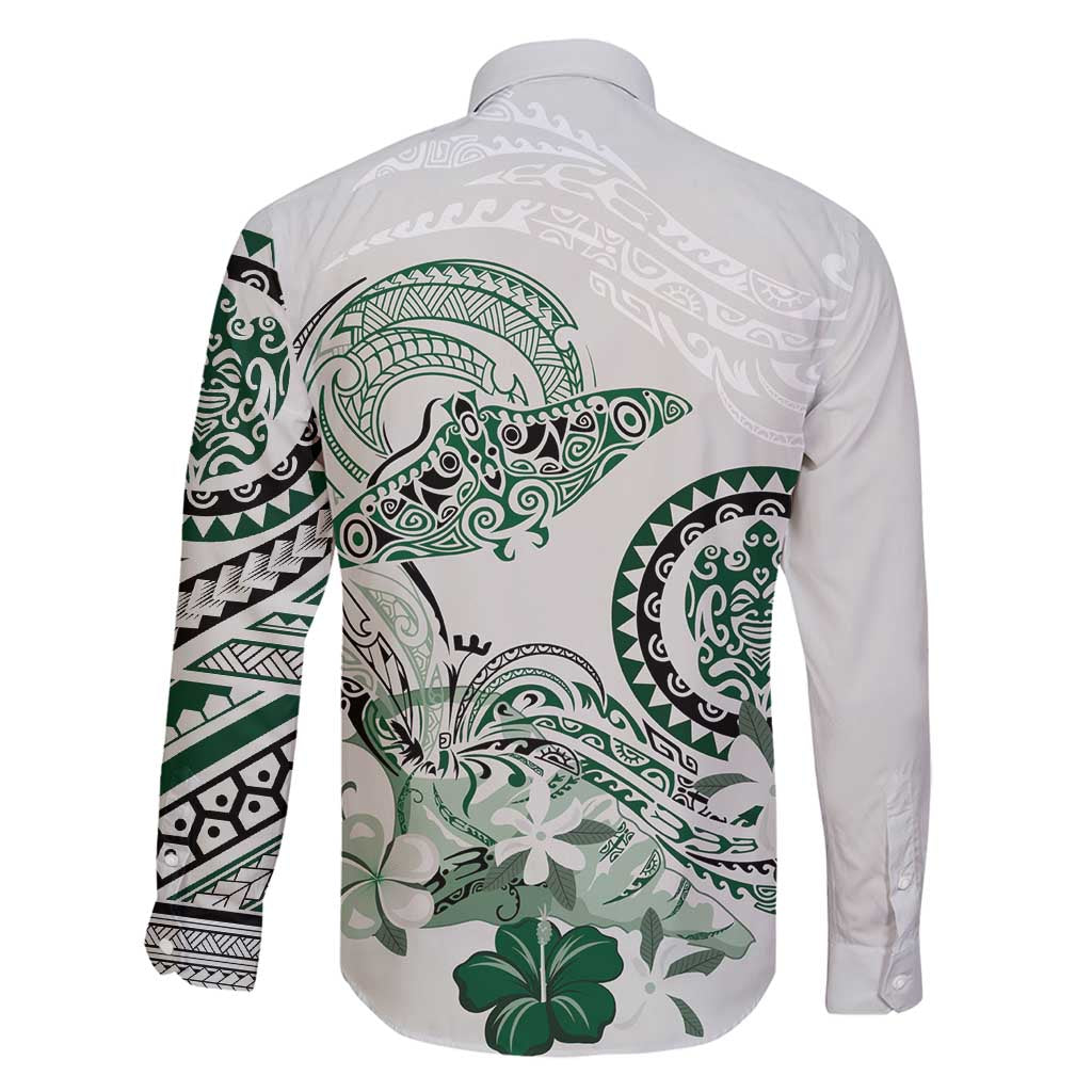Polynesian Manta Ray Family Matching Long Sleeve Bodycon Dress and Hawaiian Shirt Green Floral Turtle Tattoo - Polynesian Pride