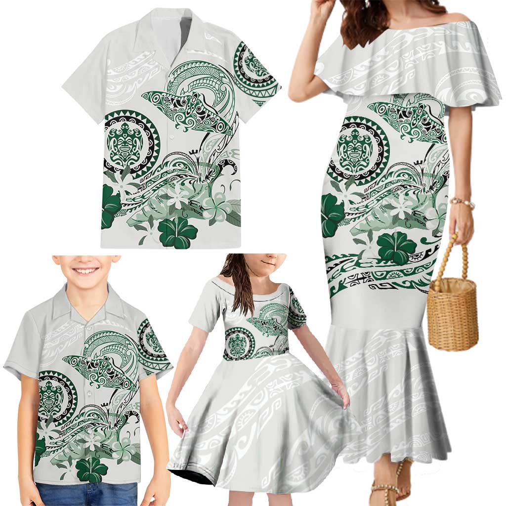 Polynesian Manta Ray Family Matching Mermaid Dress and Hawaiian Shirt Green Floral Turtle Tattoo - Polynesian Pride