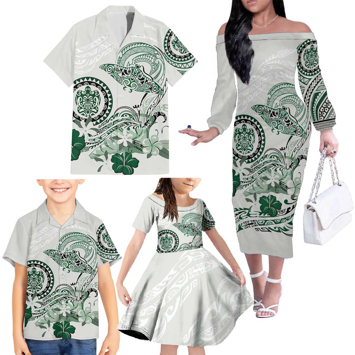 Polynesian Manta Ray Family Matching Off The Shoulder Long Sleeve Dress and Hawaiian Shirt Green Floral Turtle Tattoo - Polynesian Pride