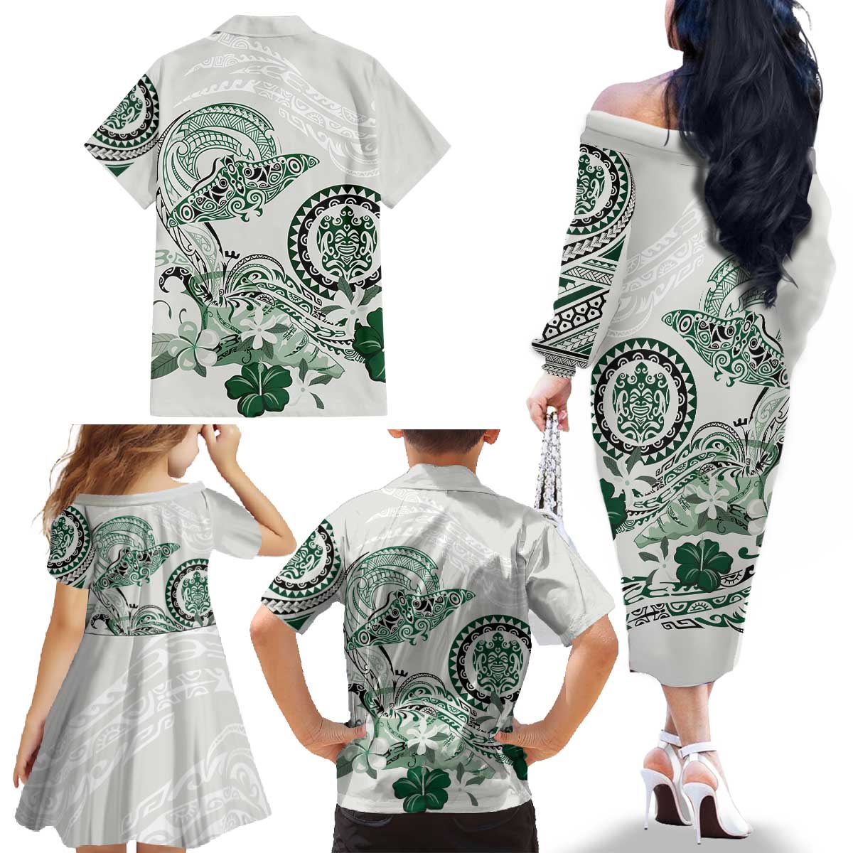 Polynesian Manta Ray Family Matching Off The Shoulder Long Sleeve Dress and Hawaiian Shirt Green Floral Turtle Tattoo - Polynesian Pride