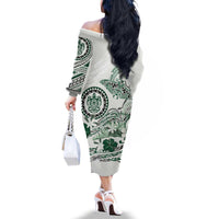 Polynesian Manta Ray Family Matching Off The Shoulder Long Sleeve Dress and Hawaiian Shirt Green Floral Turtle Tattoo - Polynesian Pride