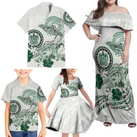 Polynesian Manta Ray Family Matching Off Shoulder Maxi Dress and Hawaiian Shirt Green Floral Turtle Tattoo - Polynesian Pride