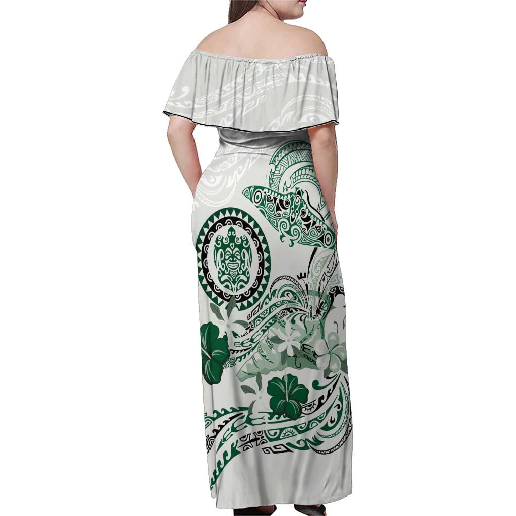 Polynesian Manta Ray Family Matching Off Shoulder Maxi Dress and Hawaiian Shirt Green Floral Turtle Tattoo - Polynesian Pride