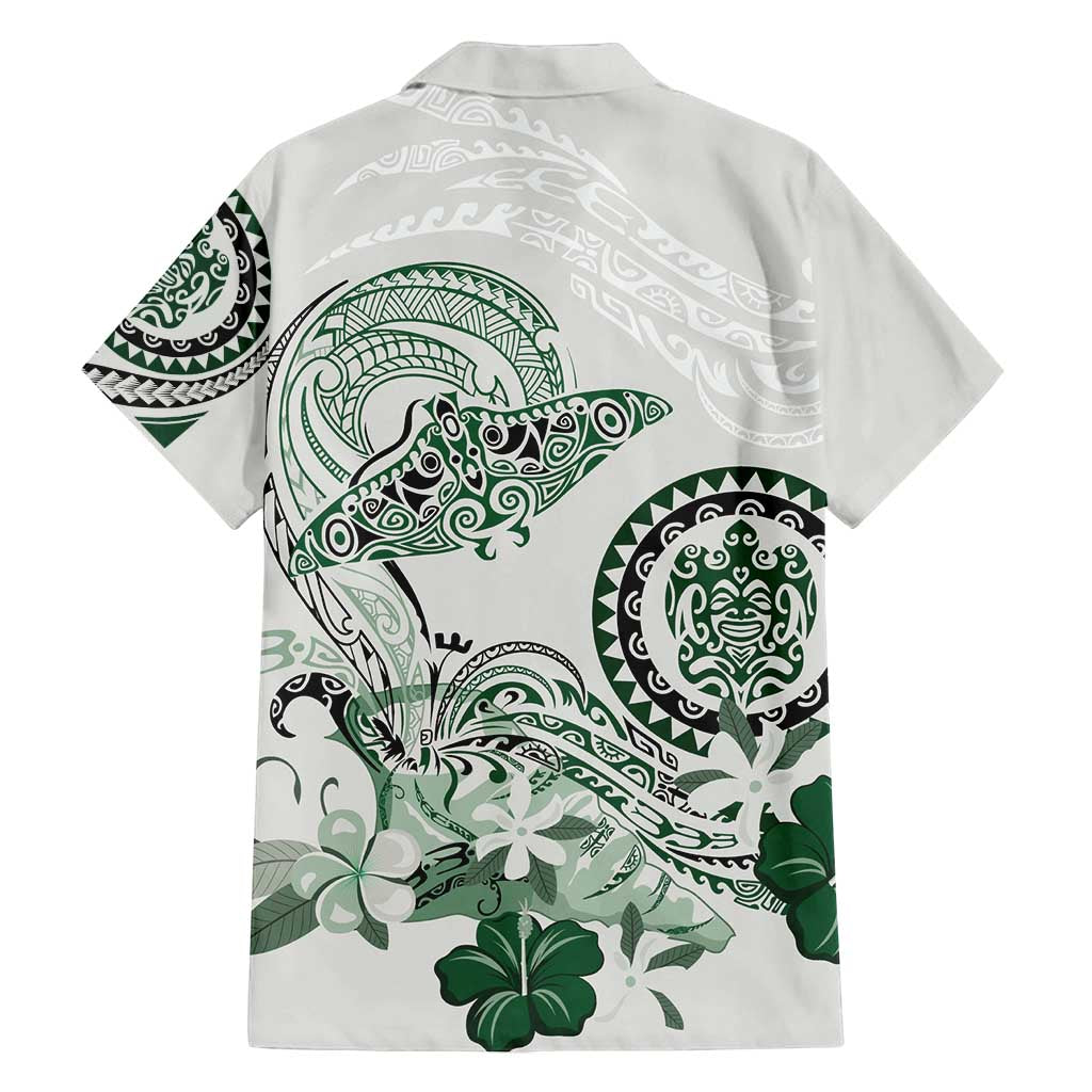 Polynesian Manta Ray Family Matching Off Shoulder Short Dress and Hawaiian Shirt Green Floral Turtle Tattoo - Polynesian Pride