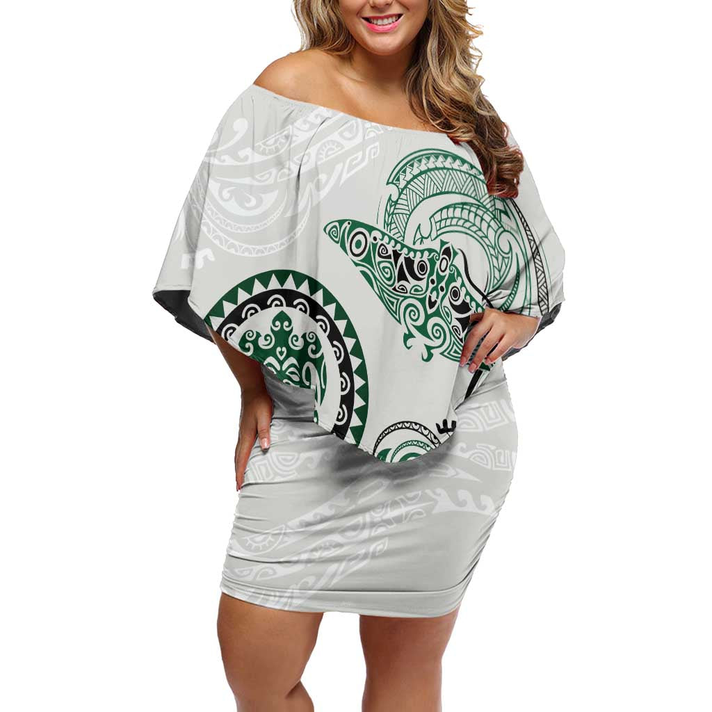 Polynesian Manta Ray Family Matching Off Shoulder Short Dress and Hawaiian Shirt Green Floral Turtle Tattoo - Polynesian Pride