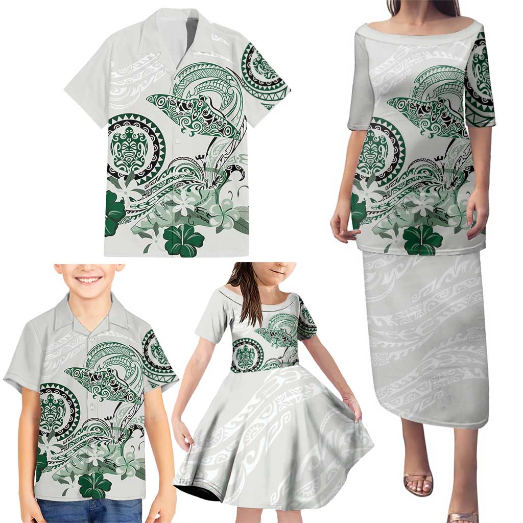 Polynesian Manta Ray Family Matching Puletasi and Hawaiian Shirt Green Floral Turtle Tattoo - Polynesian Pride