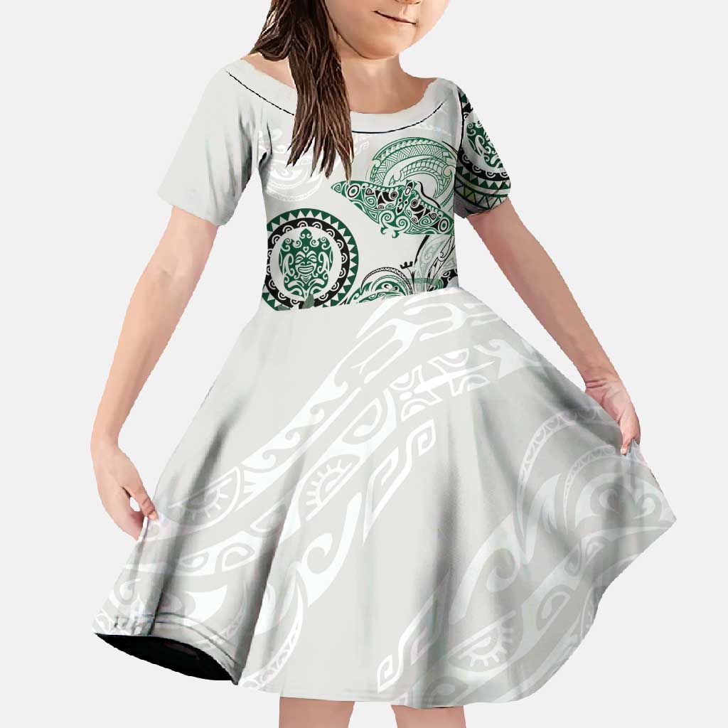 Polynesian Manta Ray Family Matching Short Sleeve Bodycon Dress and Hawaiian Shirt Green Floral Turtle Tattoo - Polynesian Pride