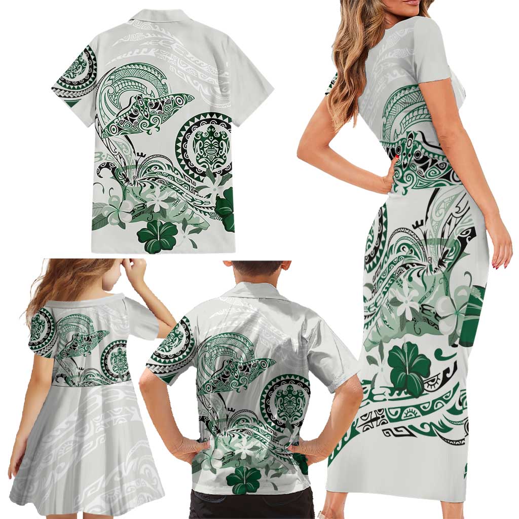 Polynesian Manta Ray Family Matching Short Sleeve Bodycon Dress and Hawaiian Shirt Green Floral Turtle Tattoo - Polynesian Pride