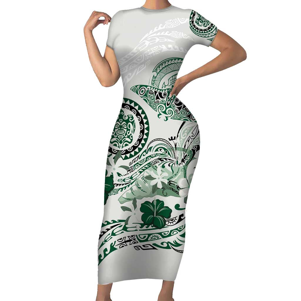 Polynesian Manta Ray Family Matching Short Sleeve Bodycon Dress and Hawaiian Shirt Green Floral Turtle Tattoo - Polynesian Pride