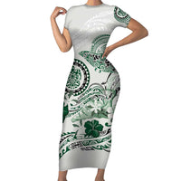 Polynesian Manta Ray Family Matching Short Sleeve Bodycon Dress and Hawaiian Shirt Green Floral Turtle Tattoo - Polynesian Pride