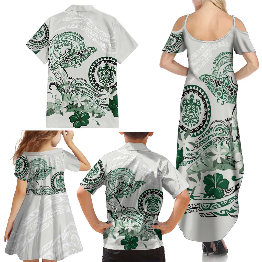 Polynesian Manta Ray Family Matching Summer Maxi Dress and Hawaiian Shirt Green Floral Turtle Tattoo - Polynesian Pride