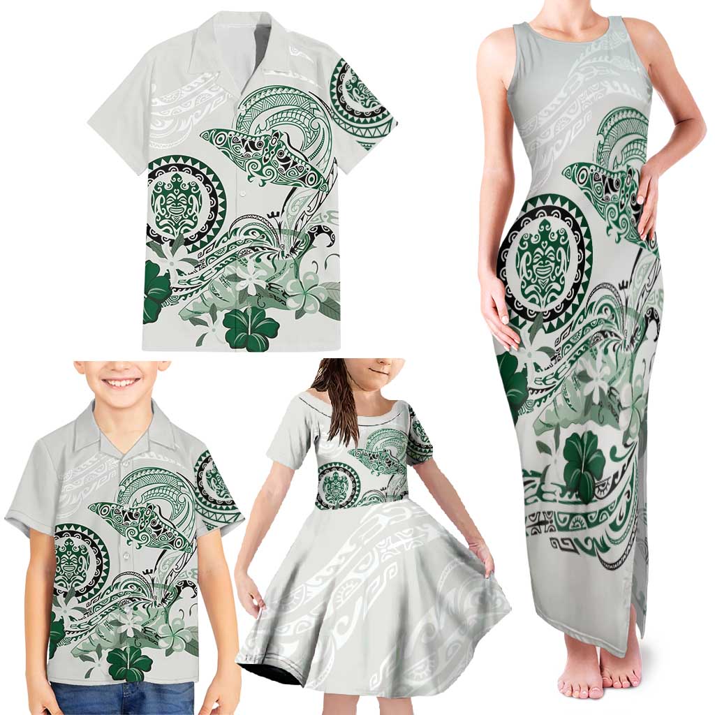 Polynesian Manta Ray Family Matching Tank Maxi Dress and Hawaiian Shirt Green Floral Turtle Tattoo - Polynesian Pride