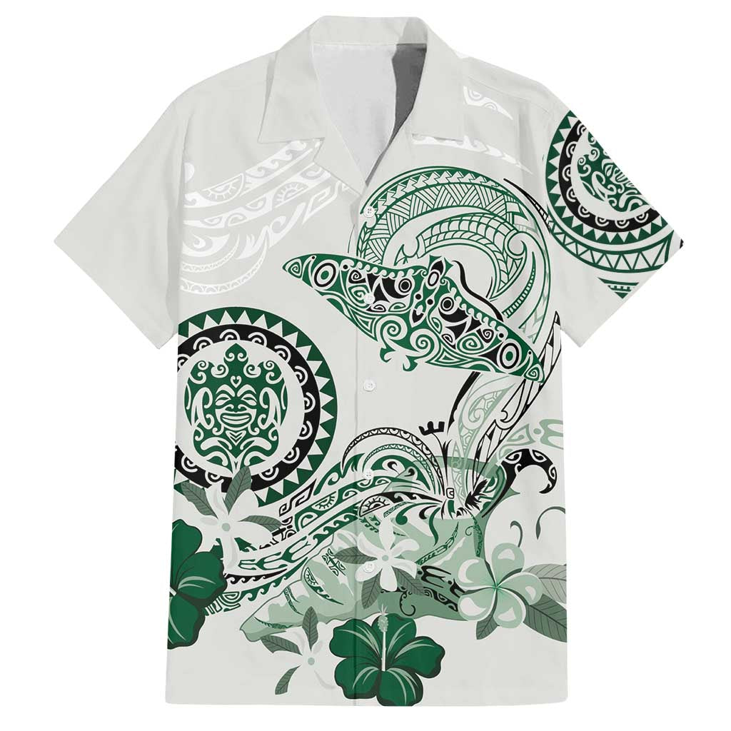 Polynesian Manta Ray Family Matching Tank Maxi Dress and Hawaiian Shirt Green Floral Turtle Tattoo - Polynesian Pride