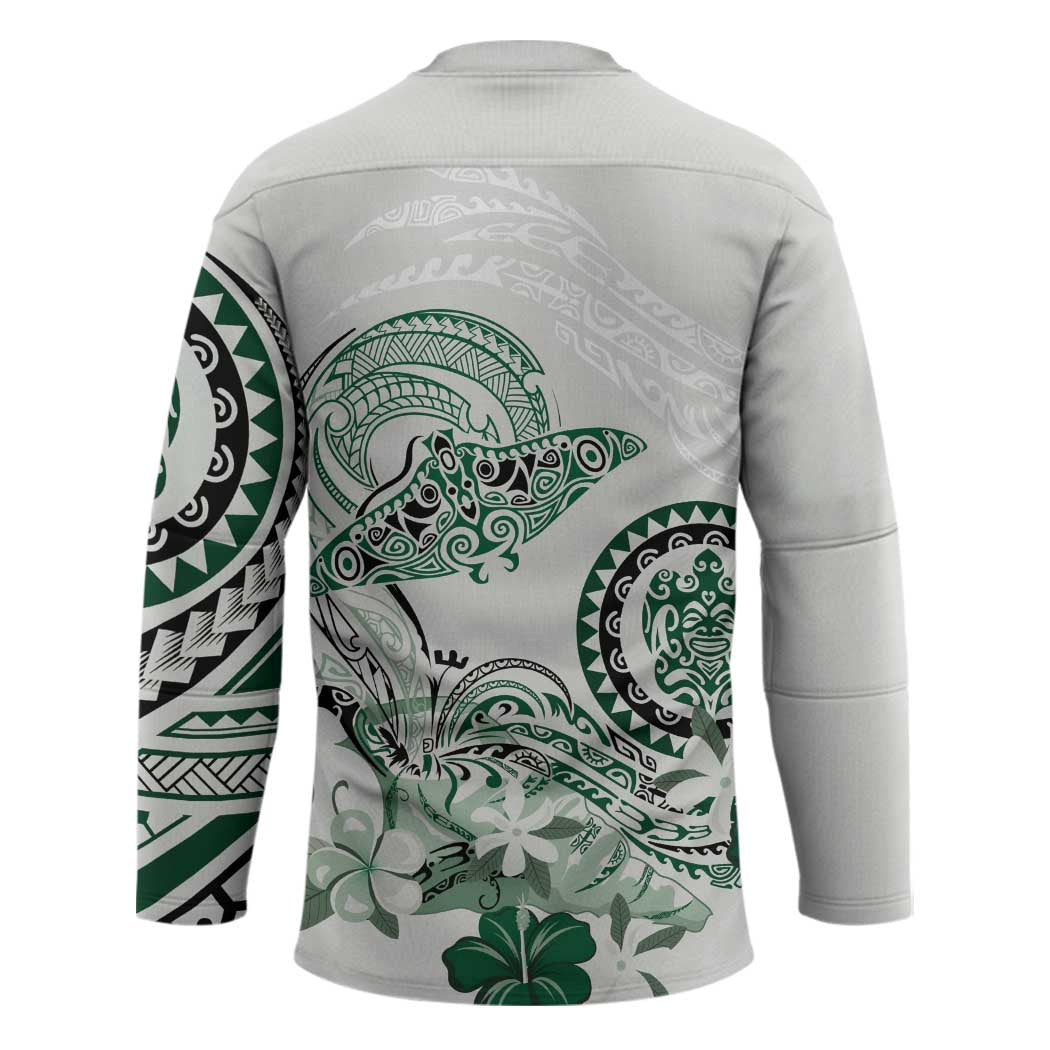 Polynesian Manta Ray Hockey Jersey Green Floral Turtle Tattoo - Polynesian Pride