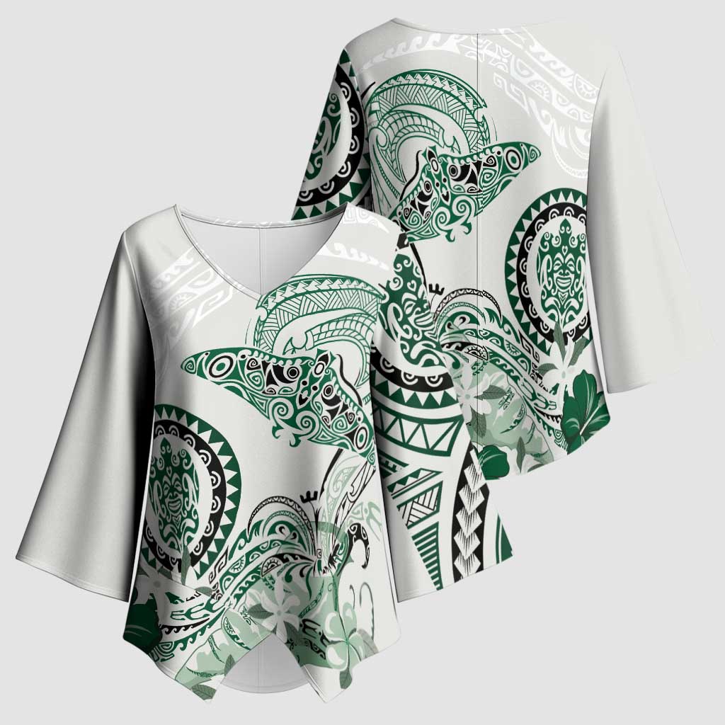 Polynesian Manta Ray Kimono Sleeve Blouse Green Floral Turtle Tattoo - Polynesian Pride