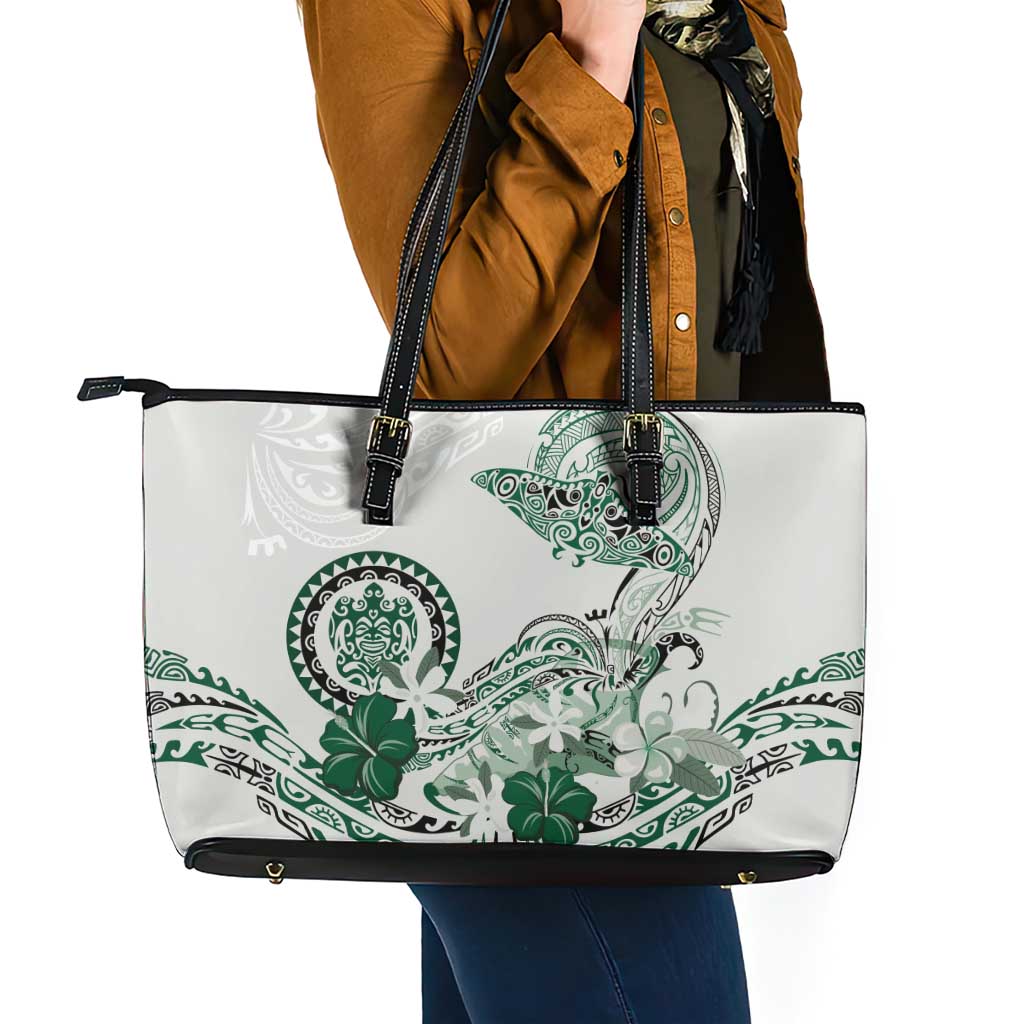 Polynesian Manta Ray Leather Tote Bag Green Floral Turtle Tattoo - Polynesian Pride