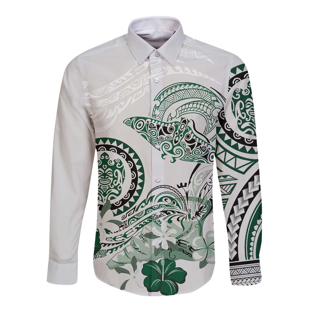 Polynesian Manta Ray Long Sleeve Button Shirt Green Floral Turtle Tattoo - Polynesian Pride