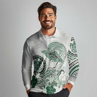 Polynesian Manta Ray Long Sleeve Polo Shirt Green Floral Turtle Tattoo - Polynesian Pride