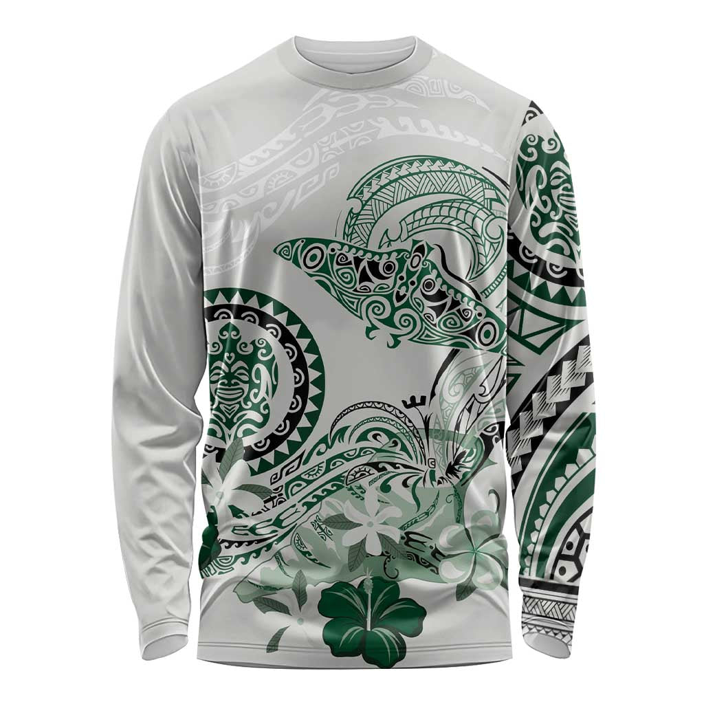 Polynesian Manta Ray Long Sleeve Shirt Green Floral Turtle Tattoo - Polynesian Pride