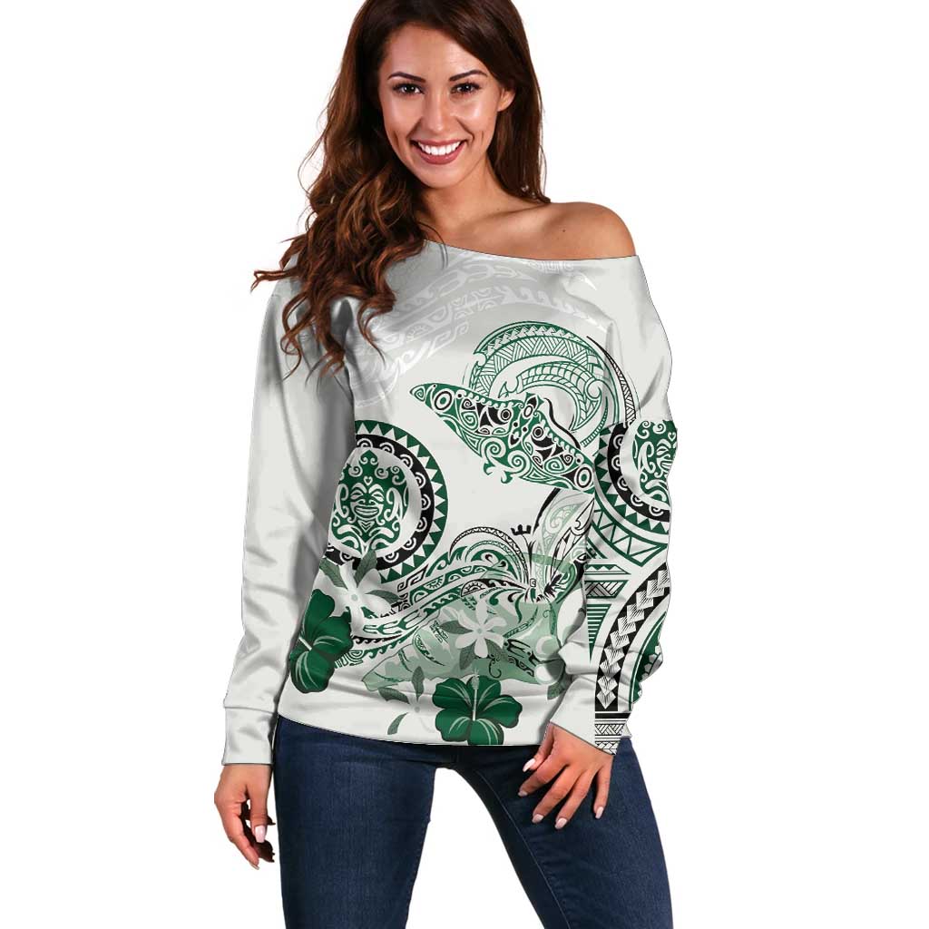 Polynesian Manta Ray Off Shoulder Sweater Green Floral Turtle Tattoo - Polynesian Pride