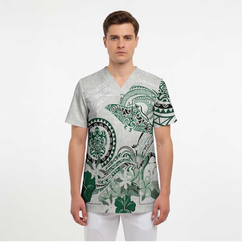 Polynesian Manta Ray Scrub Top Green Floral Turtle Tattoo - Polynesian Pride