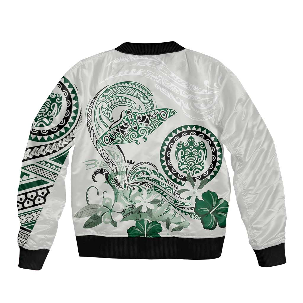 Polynesian Manta Ray Sleeve Zip Bomber Jacket Green Floral Turtle Tattoo - Polynesian Pride
