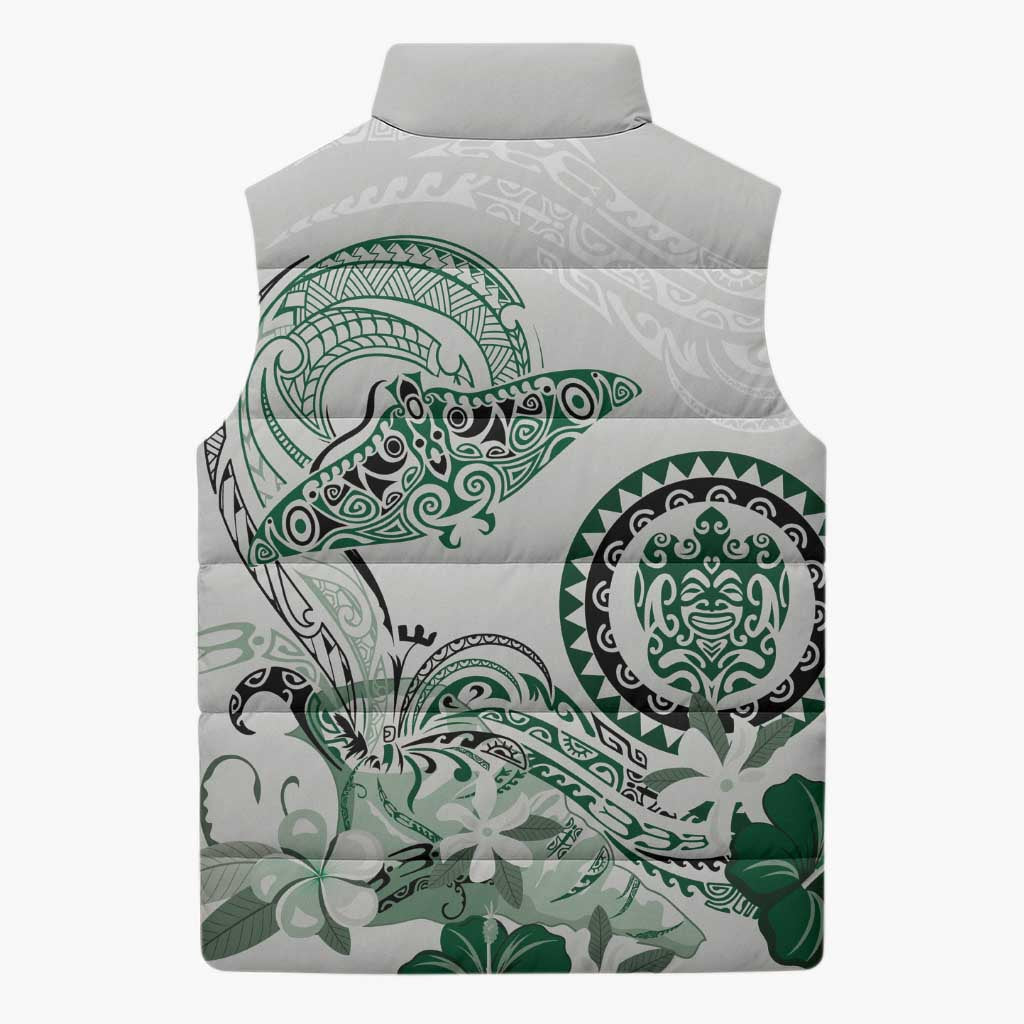 Polynesian Manta Ray Sleeveless Puffer Jacket Green Floral Turtle Tattoo - Polynesian Pride