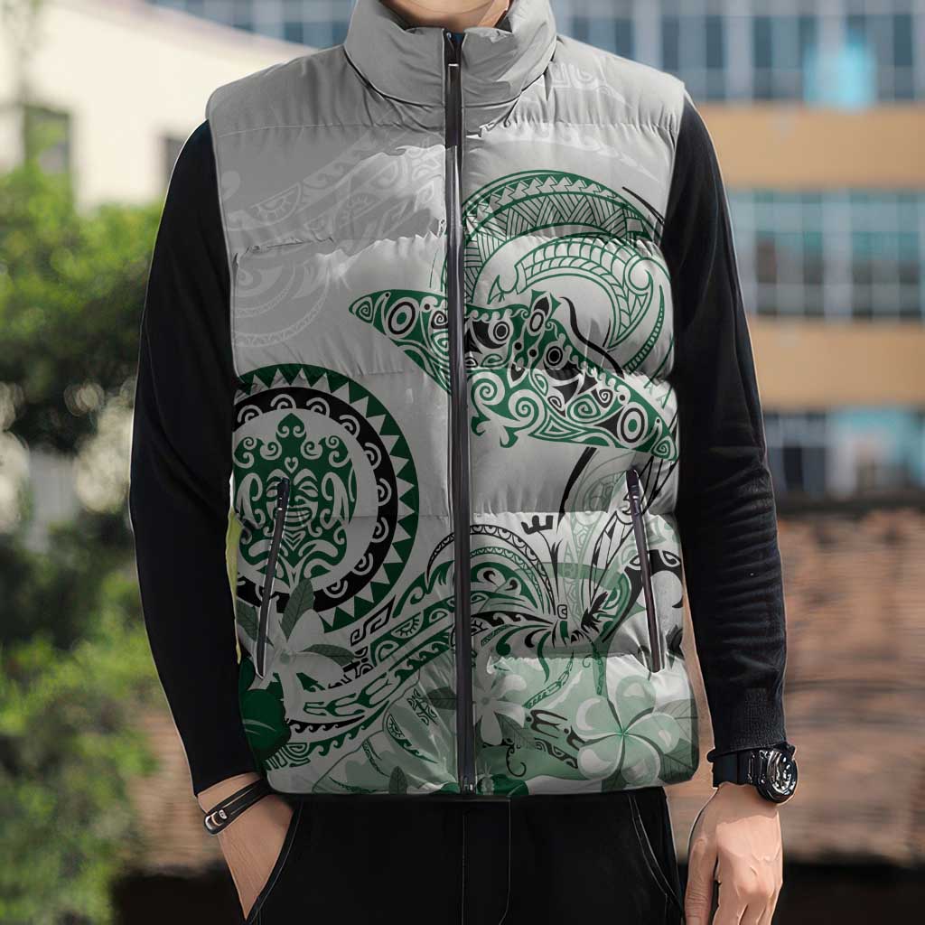 Polynesian Manta Ray Sleeveless Puffer Jacket Green Floral Turtle Tattoo - Polynesian Pride