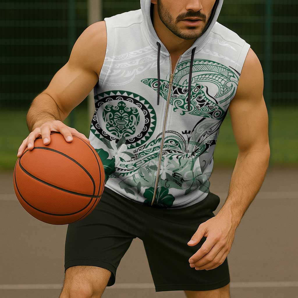 Polynesian Manta Ray Sleeveless Zip Hoodie Green Floral Turtle Tattoo - Polynesian Pride