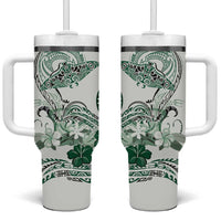 Polynesian Manta Ray Tumbler With Handle Green Floral Turtle Tattoo - Polynesian Pride