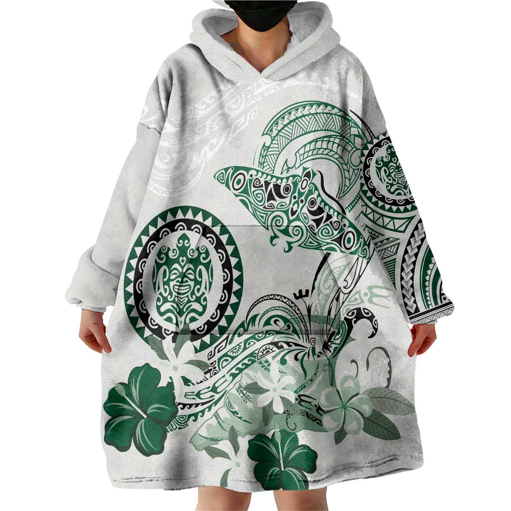 Polynesian Manta Ray Wearable Blanket Hoodie Green Floral Turtle Tattoo - Polynesian Pride