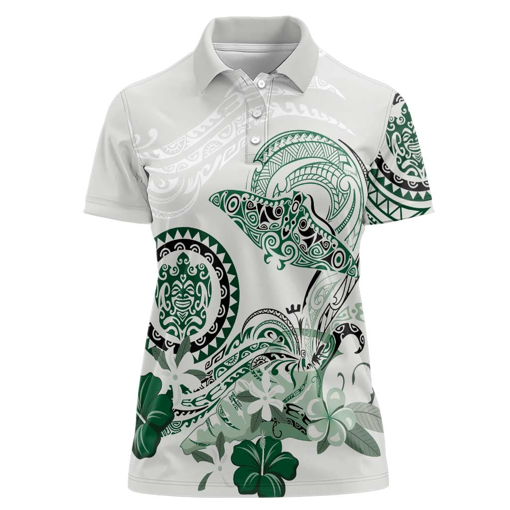 Polynesian Manta Ray Women Polo Shirt Green Floral Turtle Tattoo - Polynesian Pride