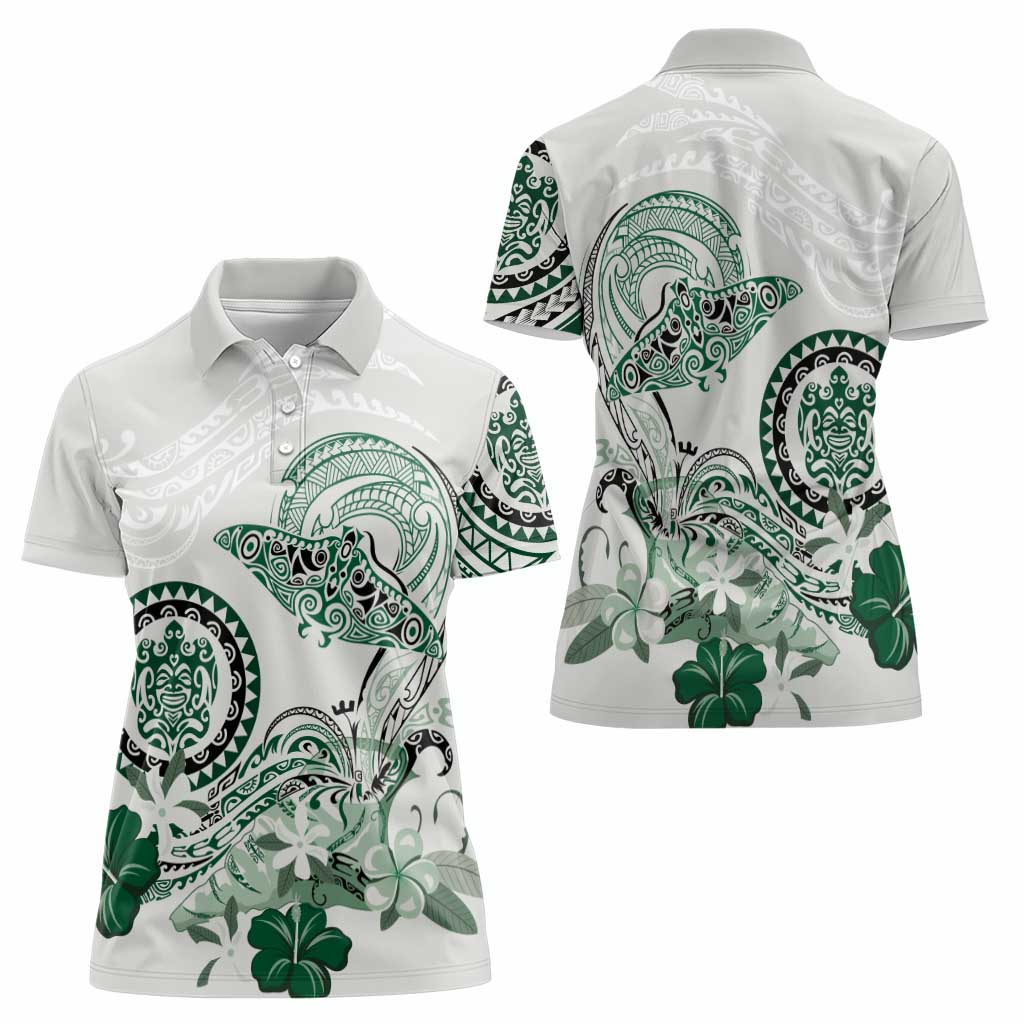 Polynesian Manta Ray Women Polo Shirt Green Floral Turtle Tattoo - Polynesian Pride