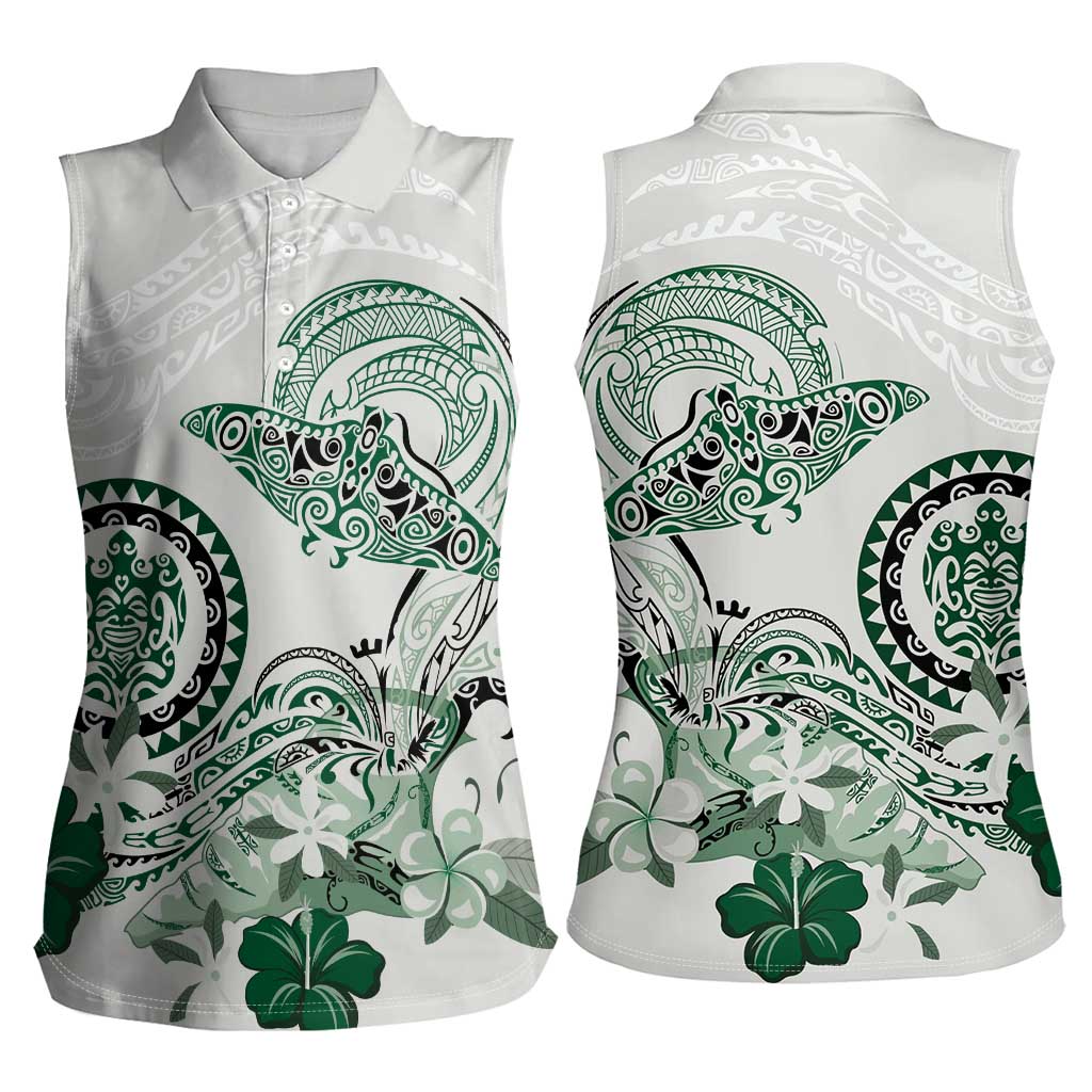 Polynesian Manta Ray Women Sleeveless Polo Shirt Green Floral Turtle Tattoo - Polynesian Pride