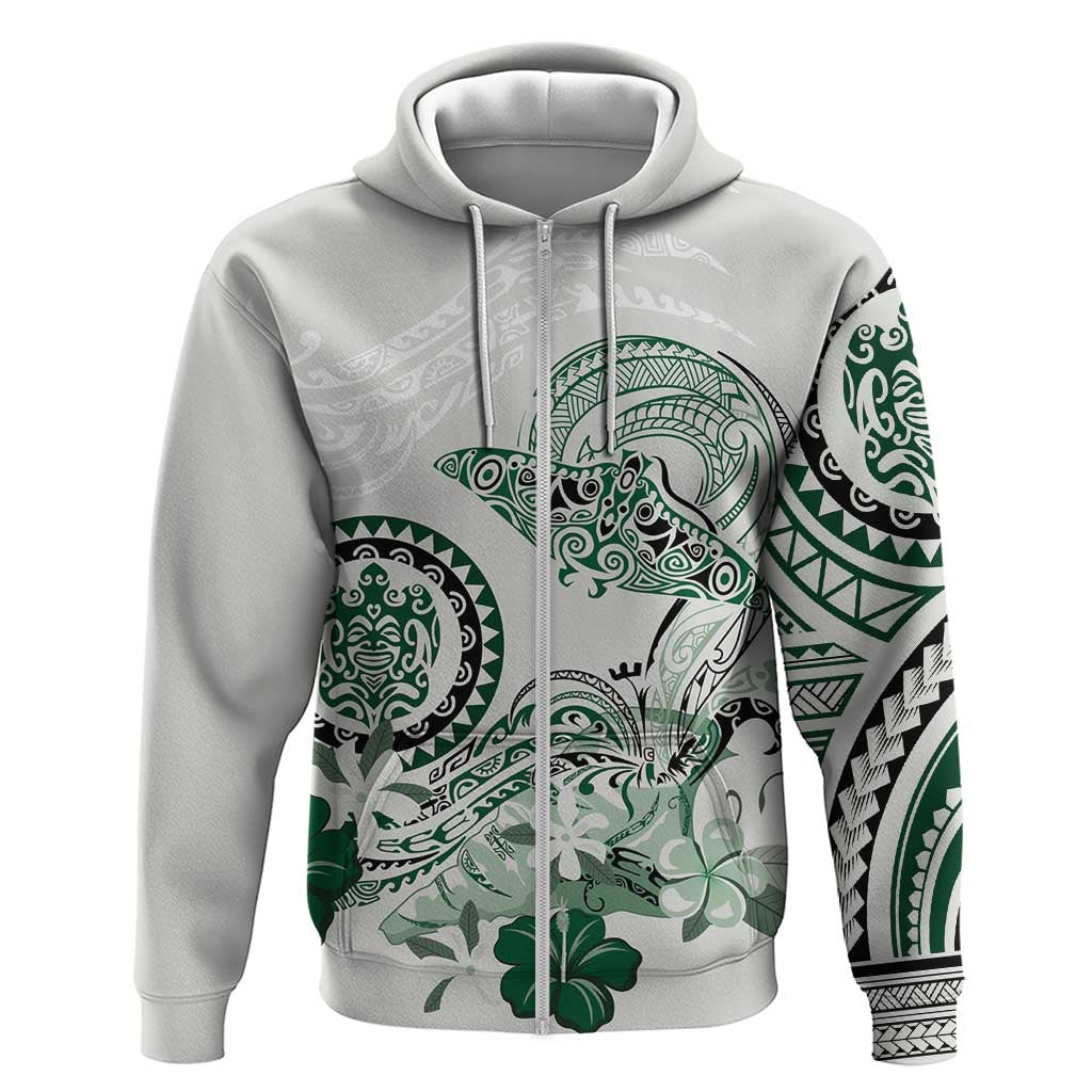 Polynesian Manta Ray Zip Hoodie Green Floral Turtle Tattoo - Polynesian Pride