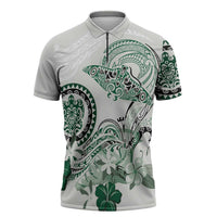 Polynesian Manta Ray Zipper Polo Shirt Green Floral Turtle Tattoo - Polynesian Pride