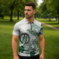 Polynesian Manta Ray Zipper Polo Shirt Green Floral Turtle Tattoo - Polynesian Pride