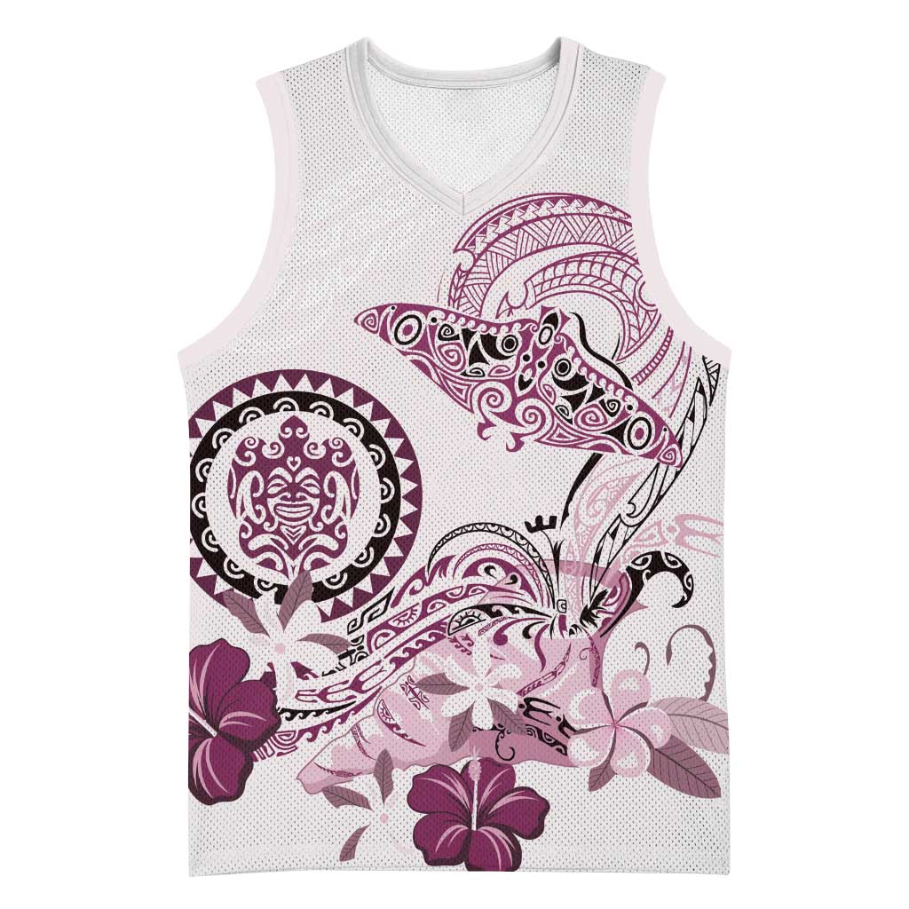 Polynesian Manta Ray Basketball Jersey Pink Floral Turtle Tattoo - Polynesian Pride
