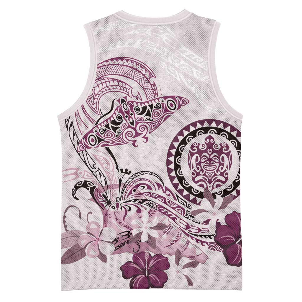 Polynesian Manta Ray Basketball Jersey Pink Floral Turtle Tattoo - Polynesian Pride