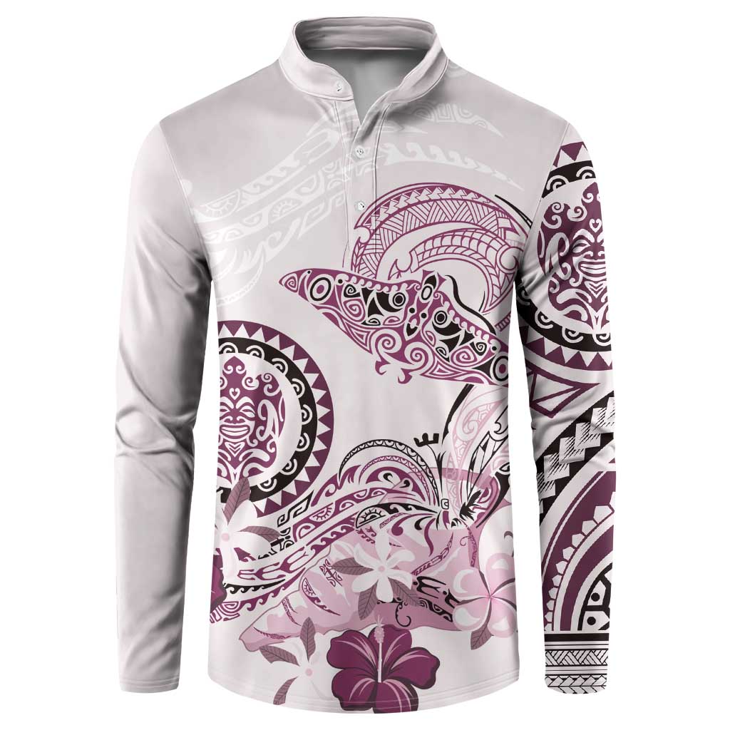 Polynesian Manta Ray Button Sweatshirt Pink Floral Turtle Tattoo - Polynesian Pride