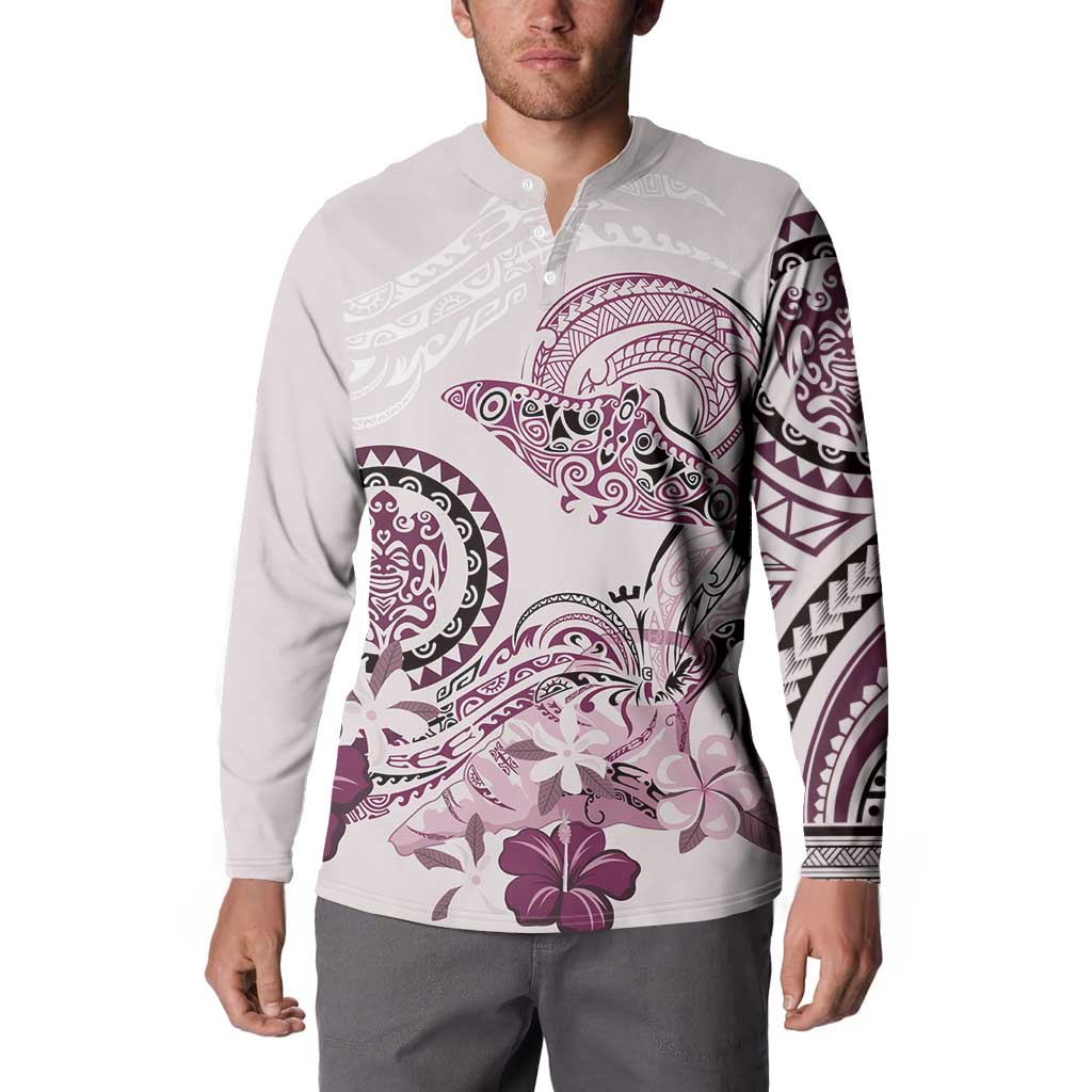 Polynesian Manta Ray Button Sweatshirt Pink Floral Turtle Tattoo - Polynesian Pride