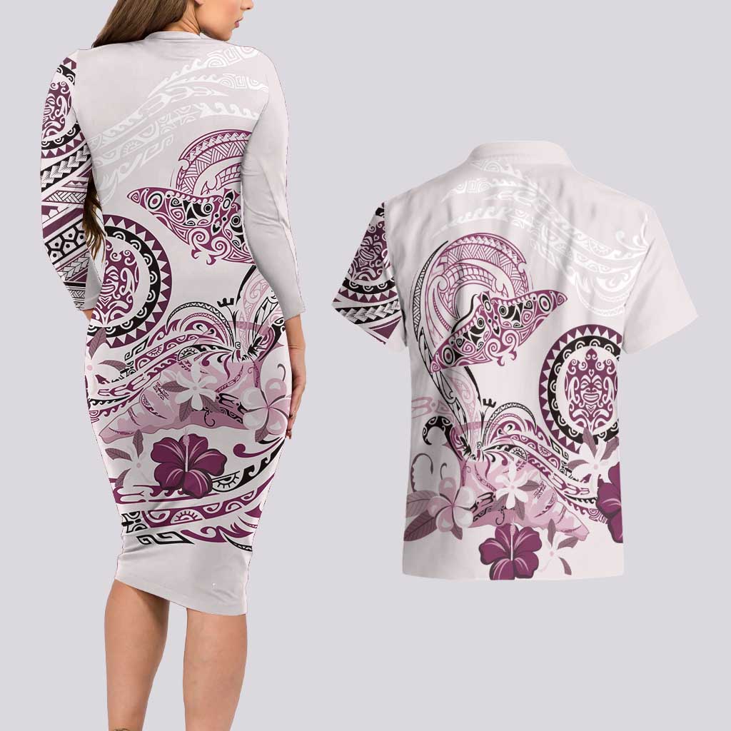 Polynesian Manta Ray Couples Matching Long Sleeve Bodycon Dress and Hawaiian Shirt Pink Floral Turtle Tattoo - Polynesian Pride