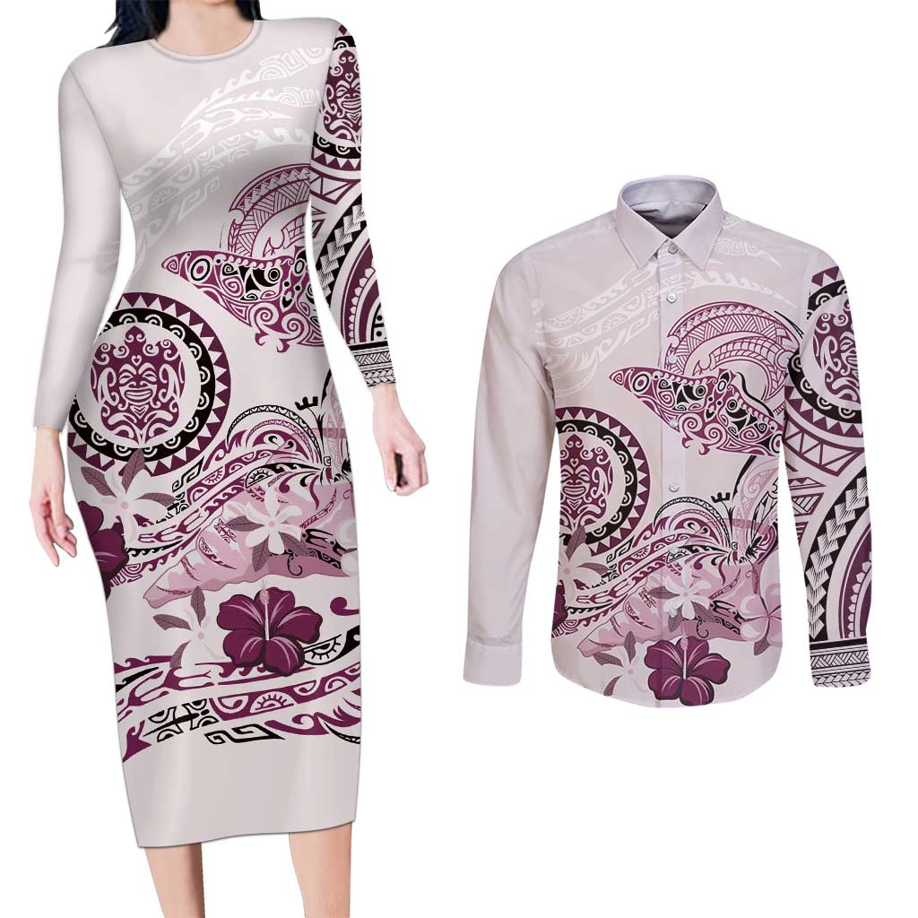 Polynesian Manta Ray Couples Matching Long Sleeve Bodycon Dress and Long Sleeve Button Shirt Pink Floral Turtle Tattoo - Polynesian Pride