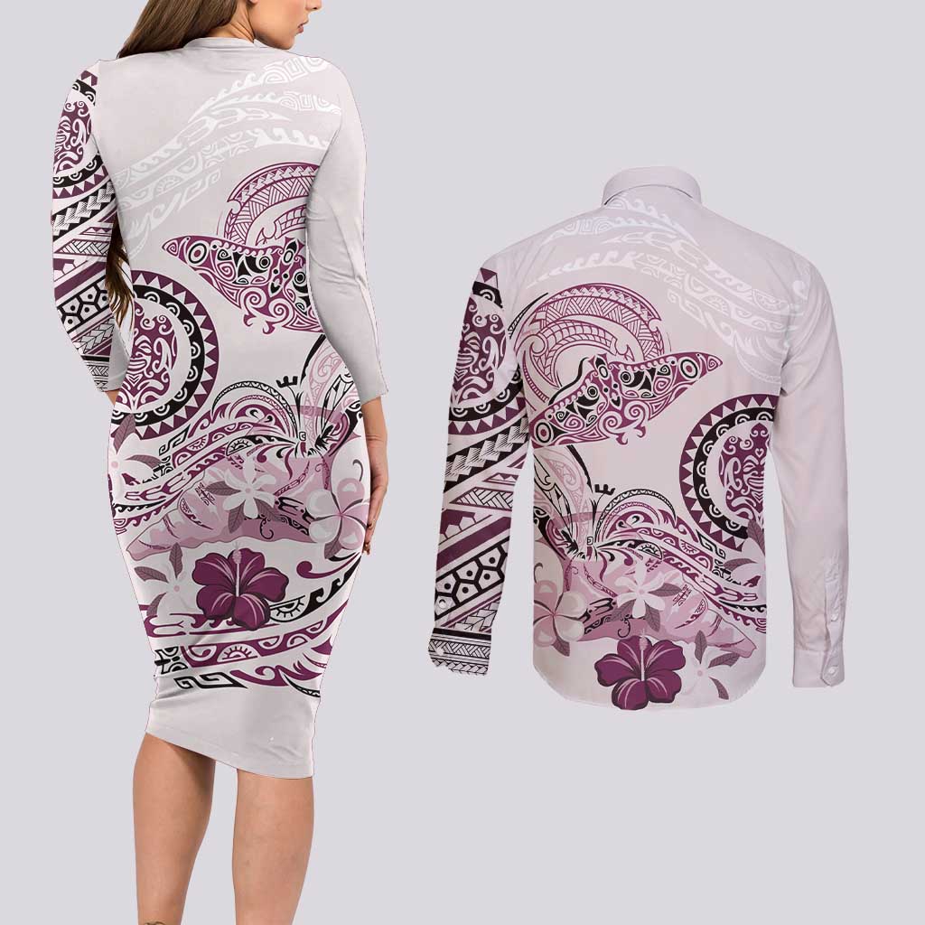 Polynesian Manta Ray Couples Matching Long Sleeve Bodycon Dress and Long Sleeve Button Shirt Pink Floral Turtle Tattoo - Polynesian Pride