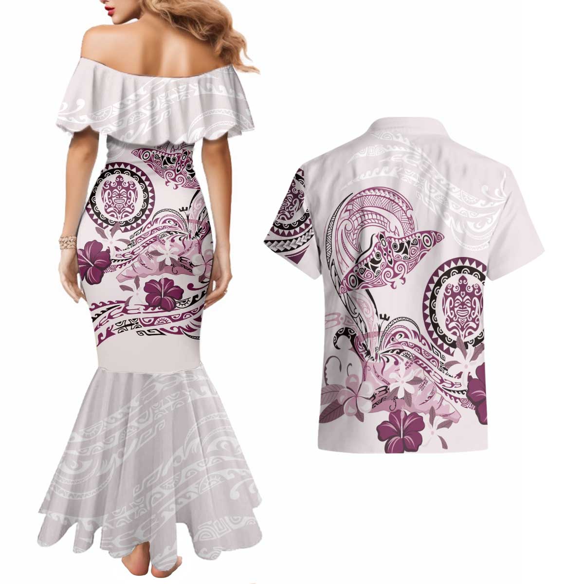 Polynesian Manta Ray Couples Matching Mermaid Dress and Hawaiian Shirt Pink Floral Turtle Tattoo - Polynesian Pride