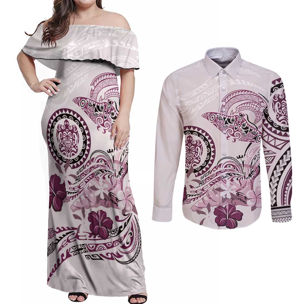Polynesian Manta Ray Couples Matching Off Shoulder Maxi Dress and Long Sleeve Button Shirt Pink Floral Turtle Tattoo - Polynesian Pride