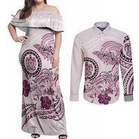 Polynesian Manta Ray Couples Matching Off Shoulder Maxi Dress and Long Sleeve Button Shirt Pink Floral Turtle Tattoo - Polynesian Pride