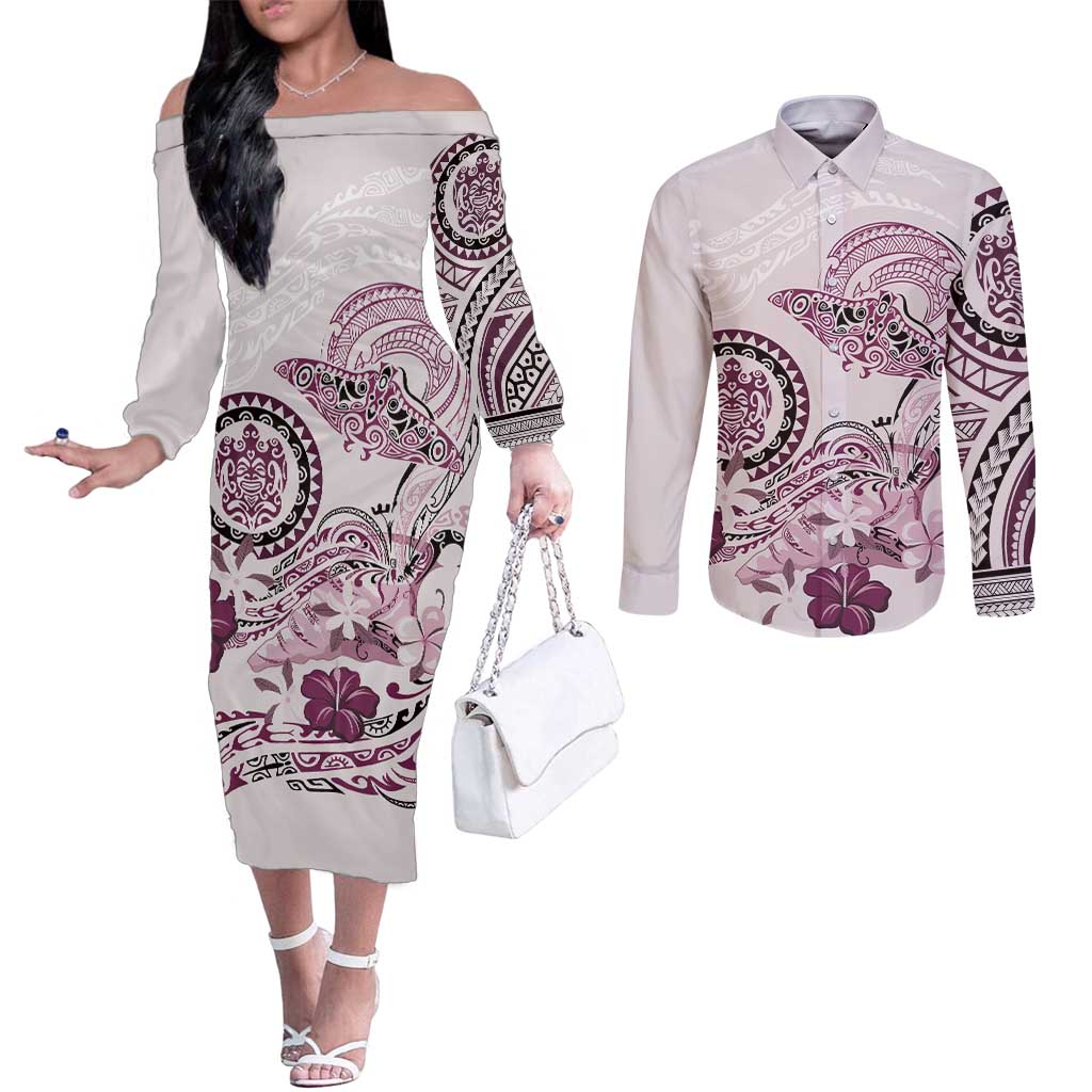 Polynesian Manta Ray Couples Matching Off The Shoulder Long Sleeve Dress and Long Sleeve Button Shirt Pink Floral Turtle Tattoo - Polynesian Pride